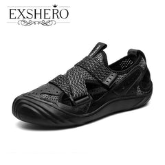 EXSHERO Men's Cowhide Leather Sandals Closed Toe Non slip Outdoor Beach Shoes