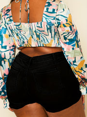 Casual Denim Shorts Women's Plus Solid Button Fly Ripped High Rise Med