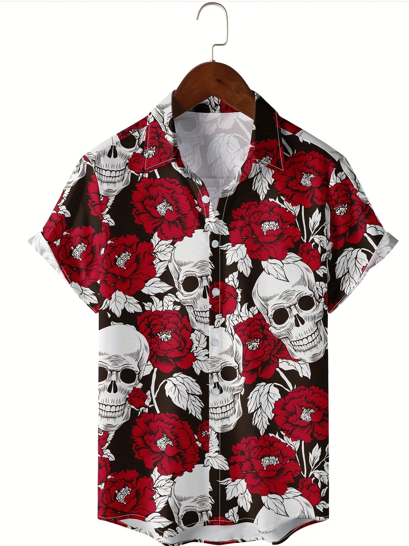 Men's Rose & Skull Print Hawaiian Shirt