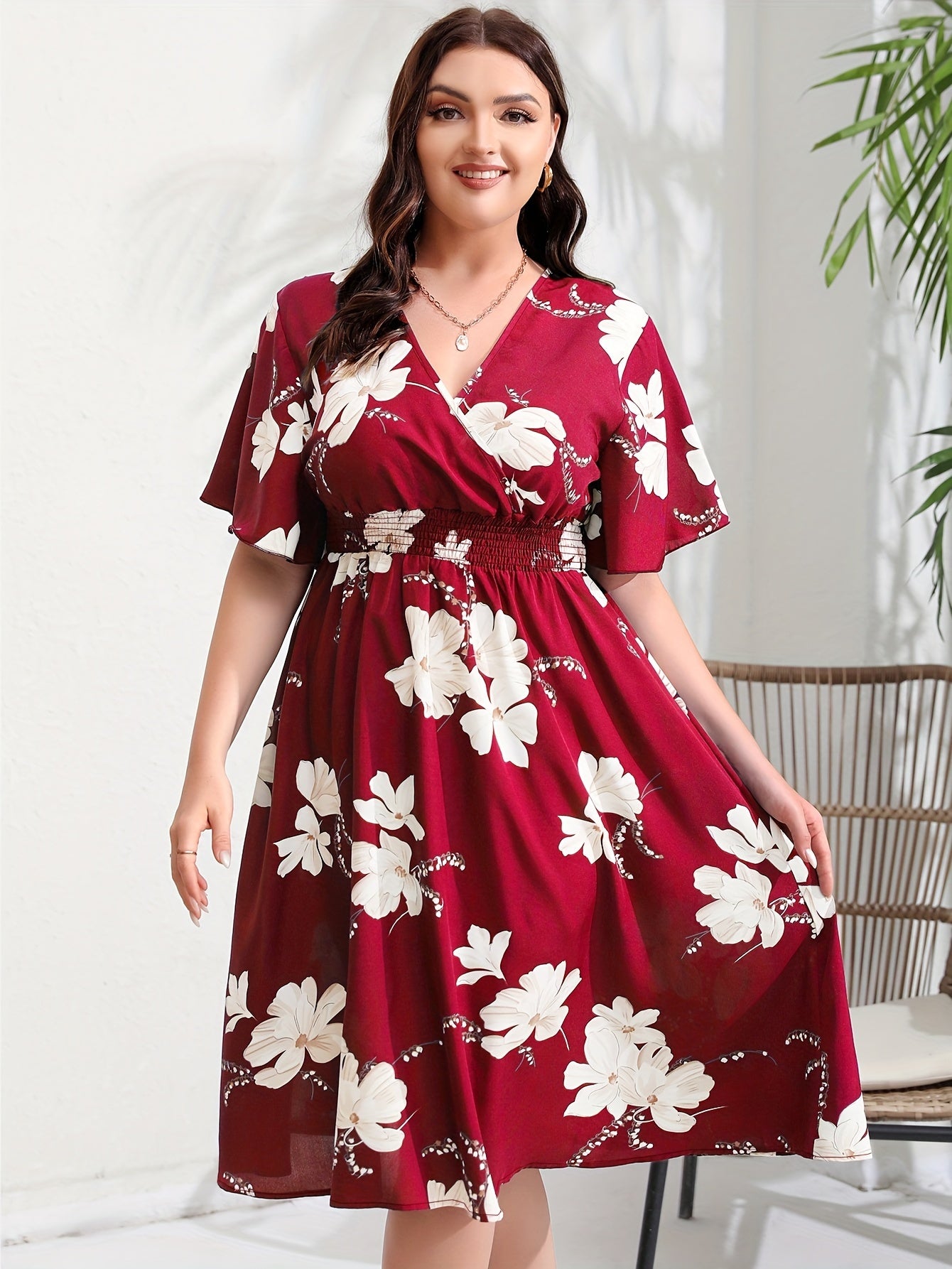 Women's Plus Floral Print Short Sleeve Midi Dress