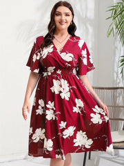 Women's Plus Floral Print Short Sleeve Midi Dress