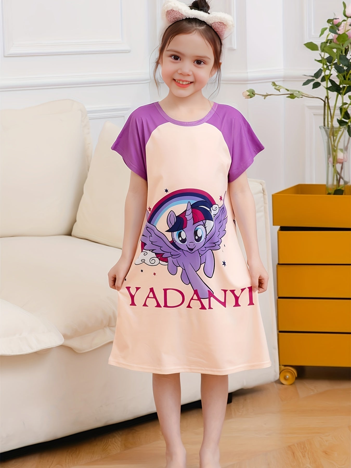 Girls Contrast Cartoon Pony Nightdress Pajamas