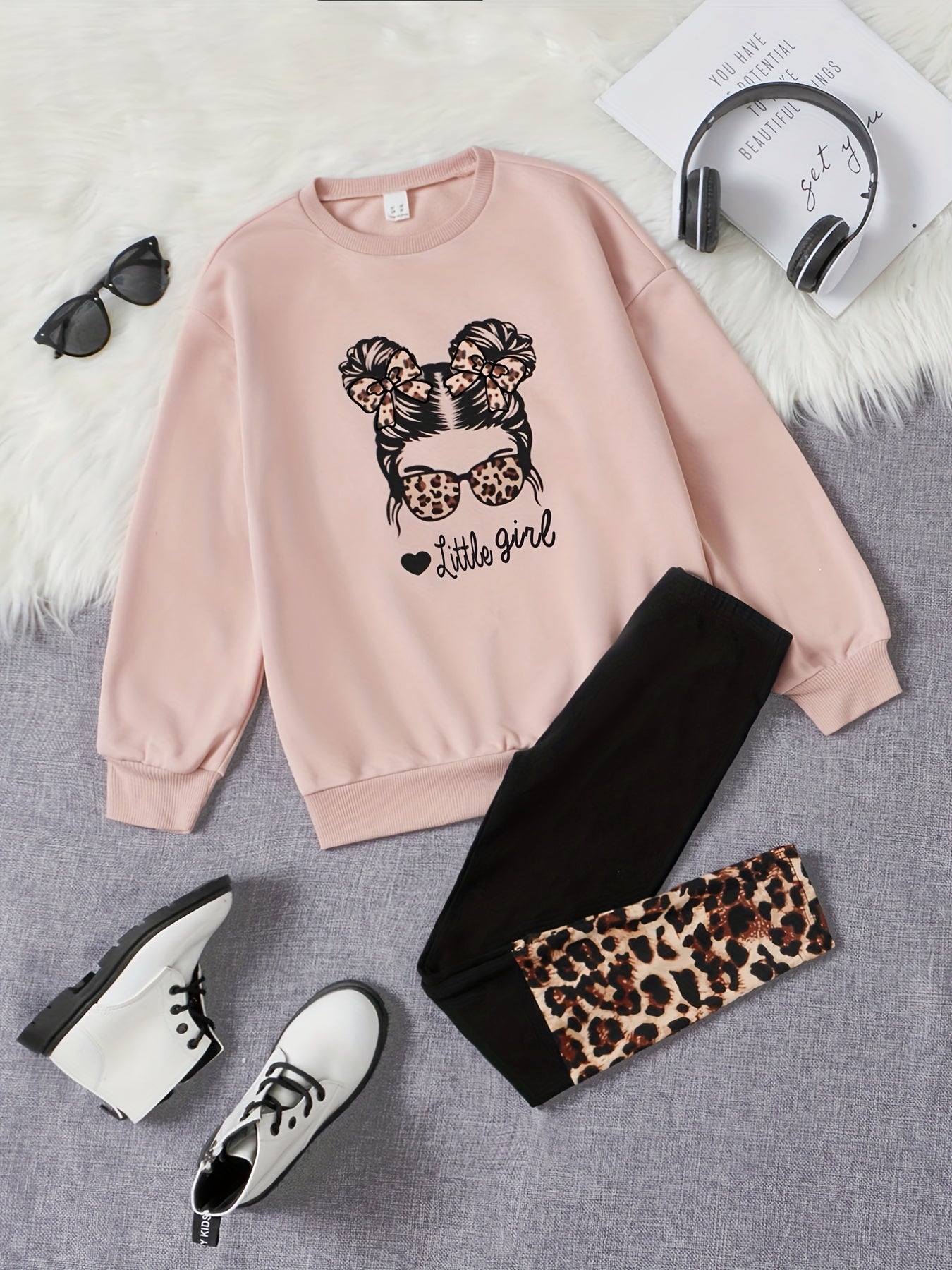 Girls Leopard Print Sweatshirt Top & Leggings Set for Kids