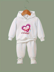 OERYUI Kids Heart Print Hooded Pullover Pants Set for Sports Spring Fall