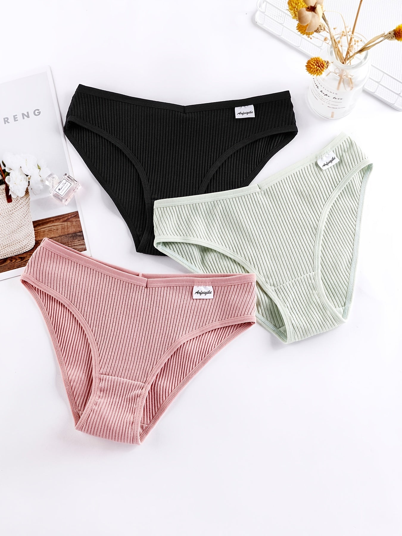 8pcs Ribbed Bikini Panties Comfortable Cotton Women's Lingerie