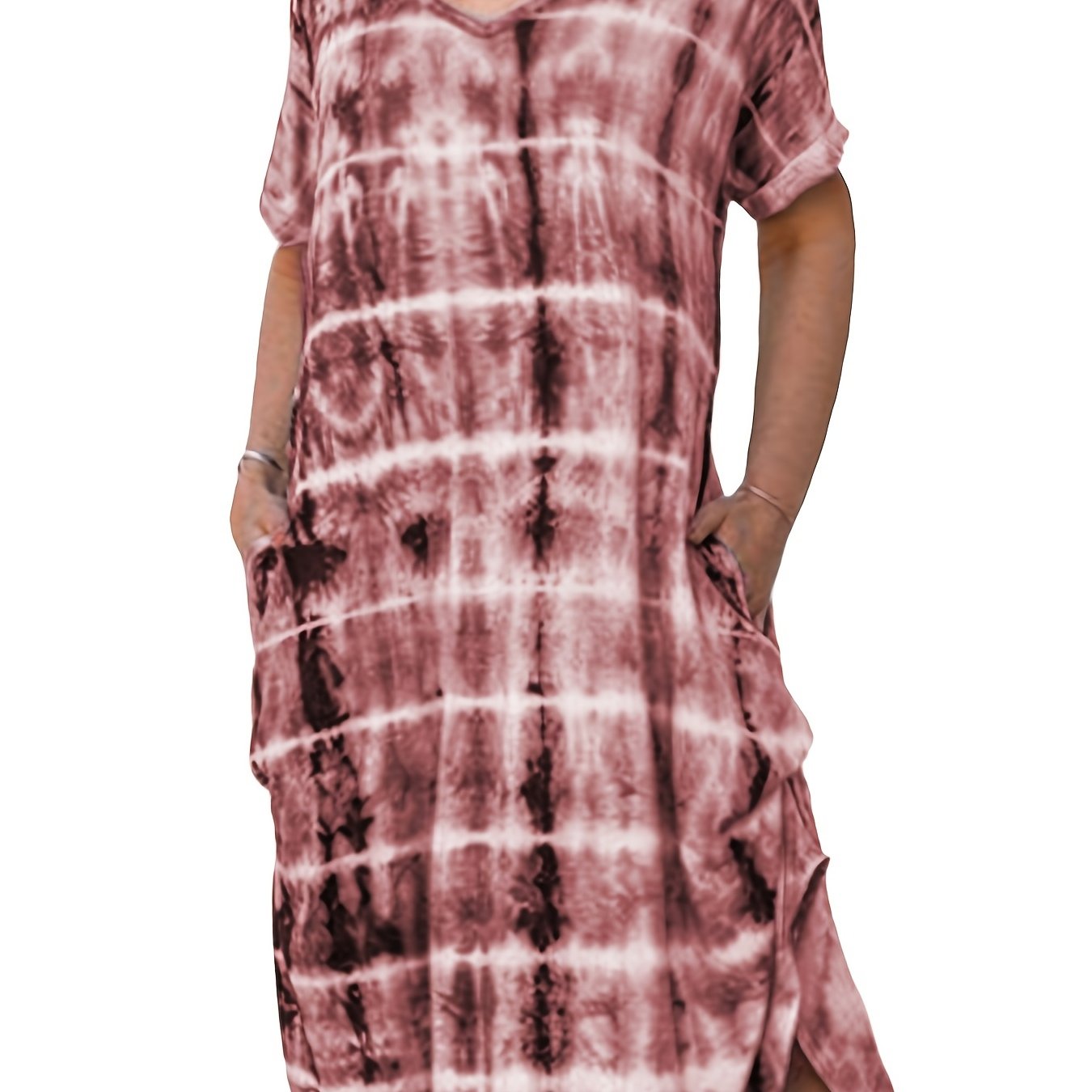Tie Dye V-Neck Midi Dress With Pockets Women's Plus Slit Sexy Midi