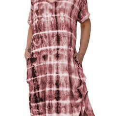 Tie Dye V-Neck Midi Dress With Pockets Women's Plus Slit Sexy Midi