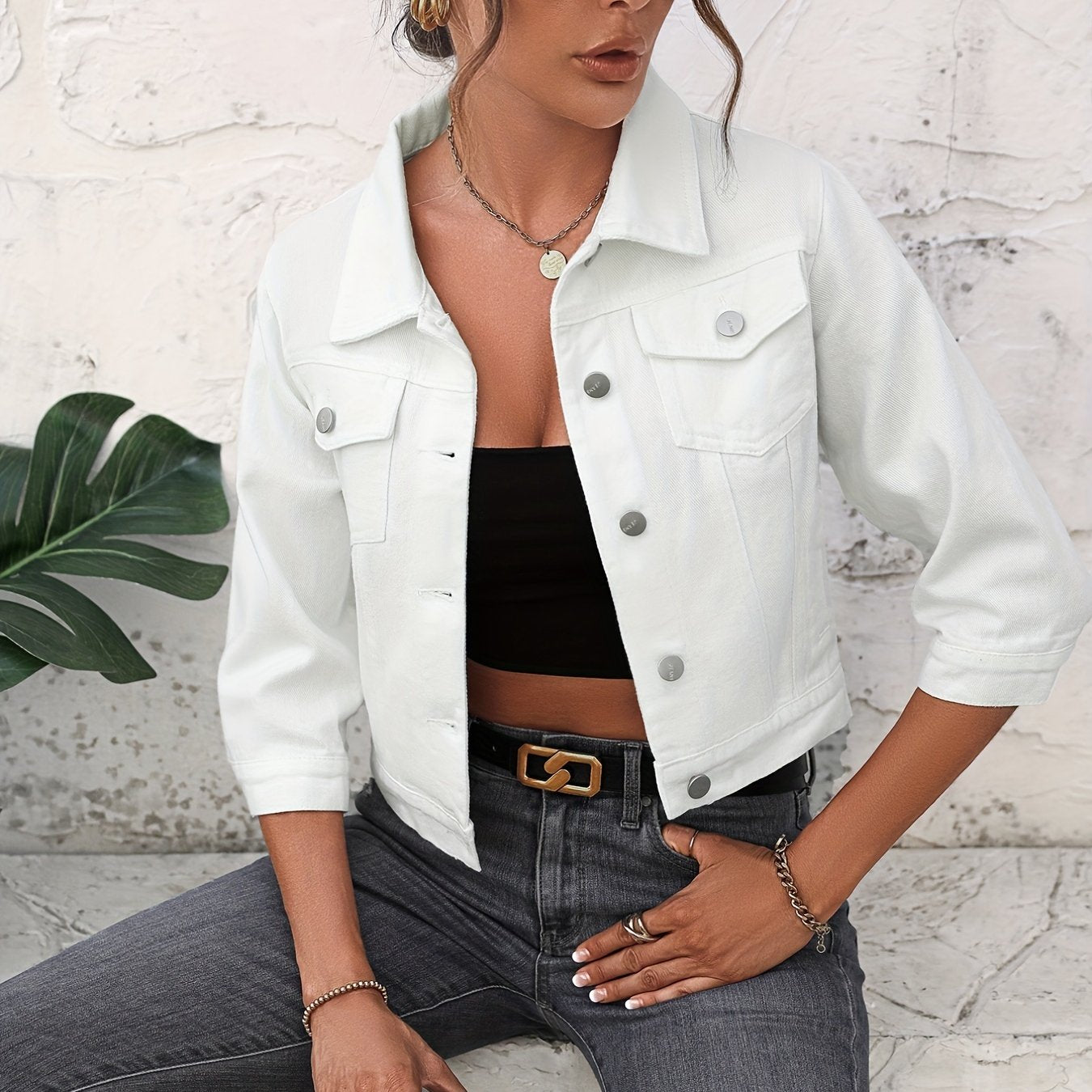 Flap Pockets Denim Jackets Single Breasted Button Non Stretch Lapel Denim Coats