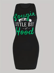 Women's Tank Dress Slogan Print Round Neck Stretch Slim Fit