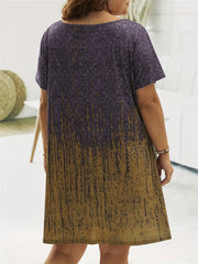 Plus Size Colorblock Baroque Print V Neck Short Sleeve Tee Dress