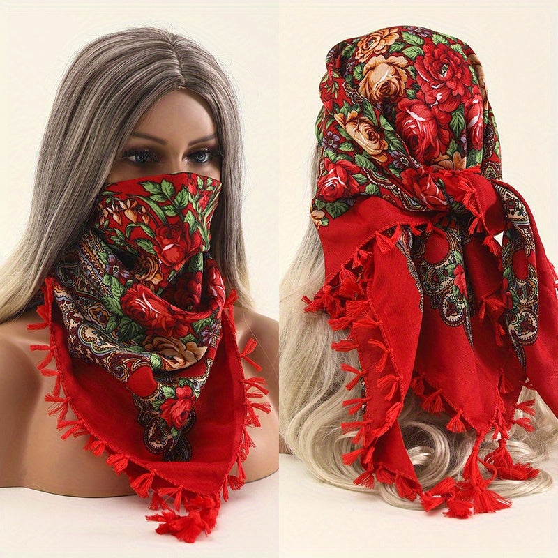 27.5" Printed Square Handkerchief Tassel Towel Sunshade Headscarf