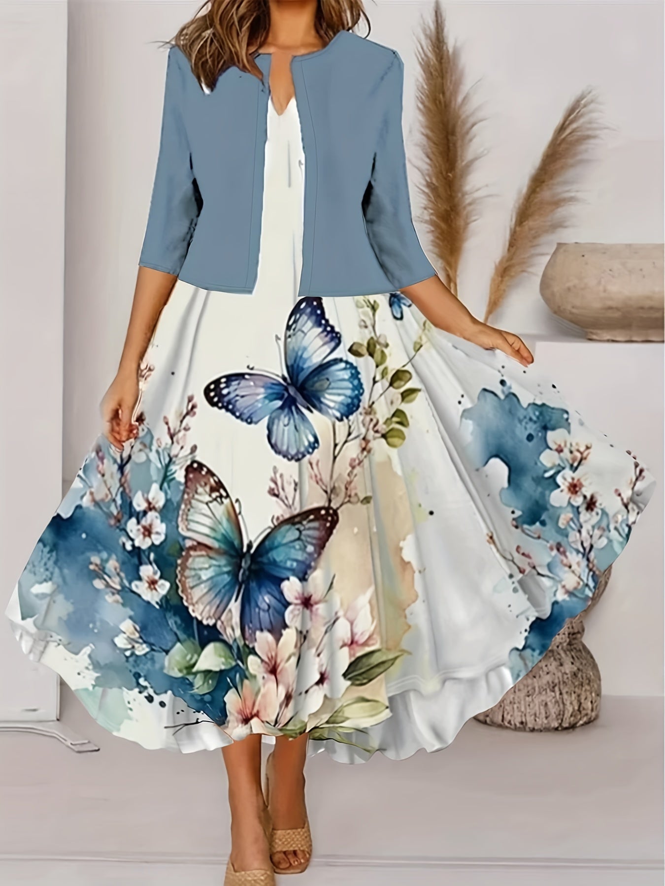 Two Piece Set - Open Front Overcoat & Floral Tank Dress
