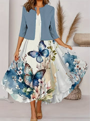 Two Piece Set - Open Front Overcoat & Floral Tank Dress