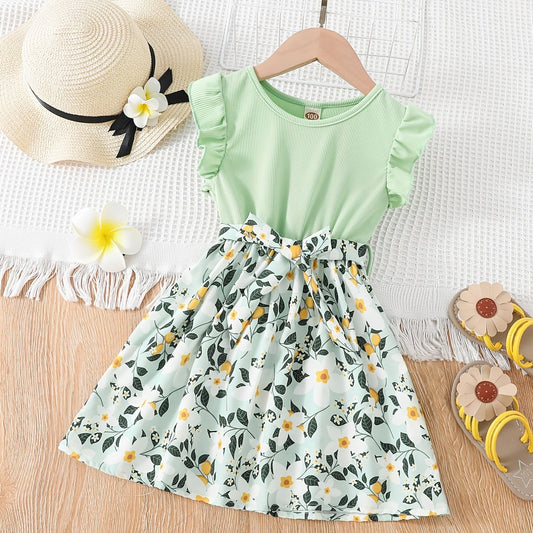Toddler Girls Ruffled Sleeves Floral Belted Princess Dress