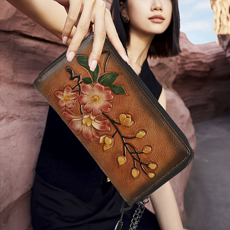 Floral Print Cowhide Wallet with Wrist Strap RFID Blocking