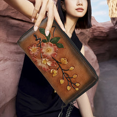 Floral Print Cowhide Wallet with Wrist Strap RFID Blocking