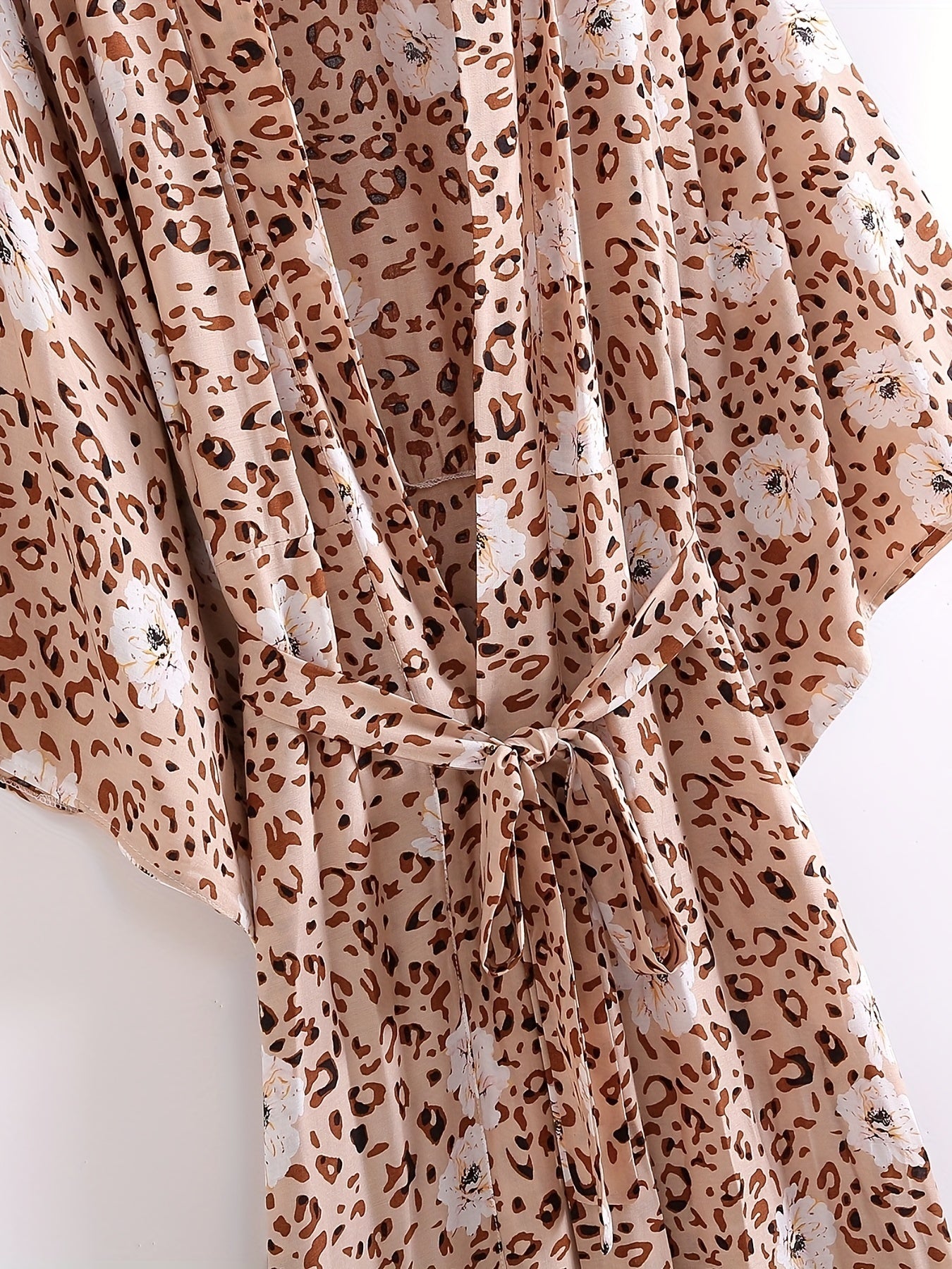 Leopard Print Cover Up Shirt V Neck Loose Fit With Waistband Beachwear