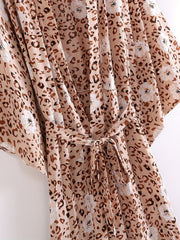 Leopard Print Cover Up Shirt V Neck Loose Fit With Waistband Beachwear