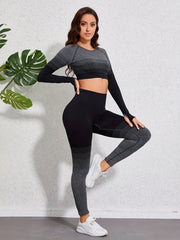 2Pcs Seamless Sports Set Long Sleeves Round Neck Tee & High Waist Yoga Leggings