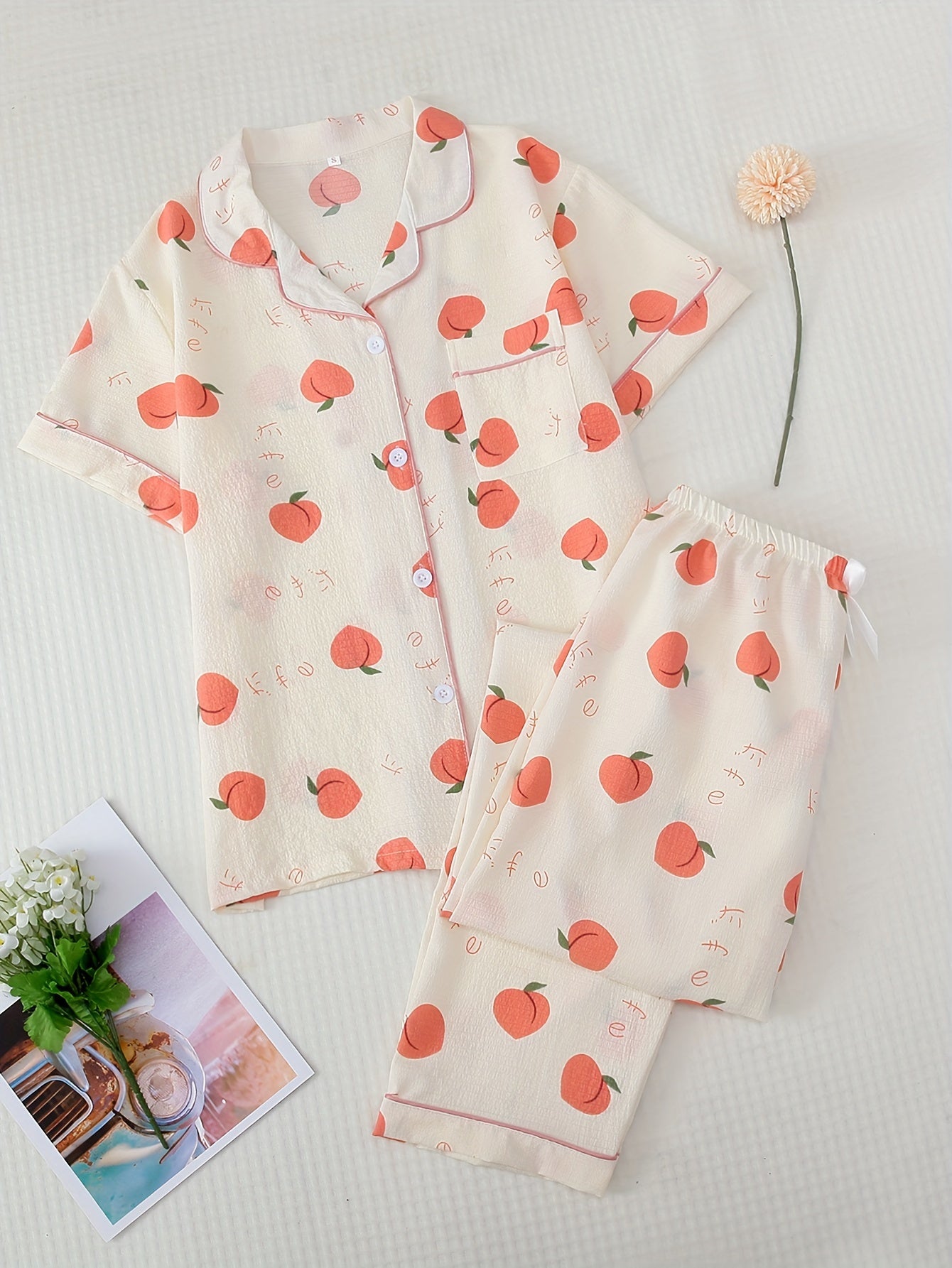 Peach Print Pajama Set Short Sleeve Buttons Top & Elastic Waistband Pants