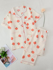 Peach Print Pajama Set Short Sleeve Buttons Top & Elastic Waistband Pants
