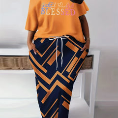 Letter Print Cold Shoulder Top & Geo Print Skirt Set