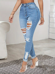 Ripped Stretchy Skinny Fit Jeans High Waist Denim Jeans