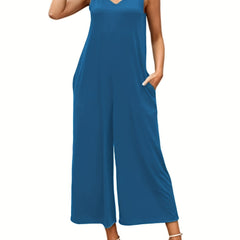 Solid V Neck Wide Leg Jumpsuit With Pockets