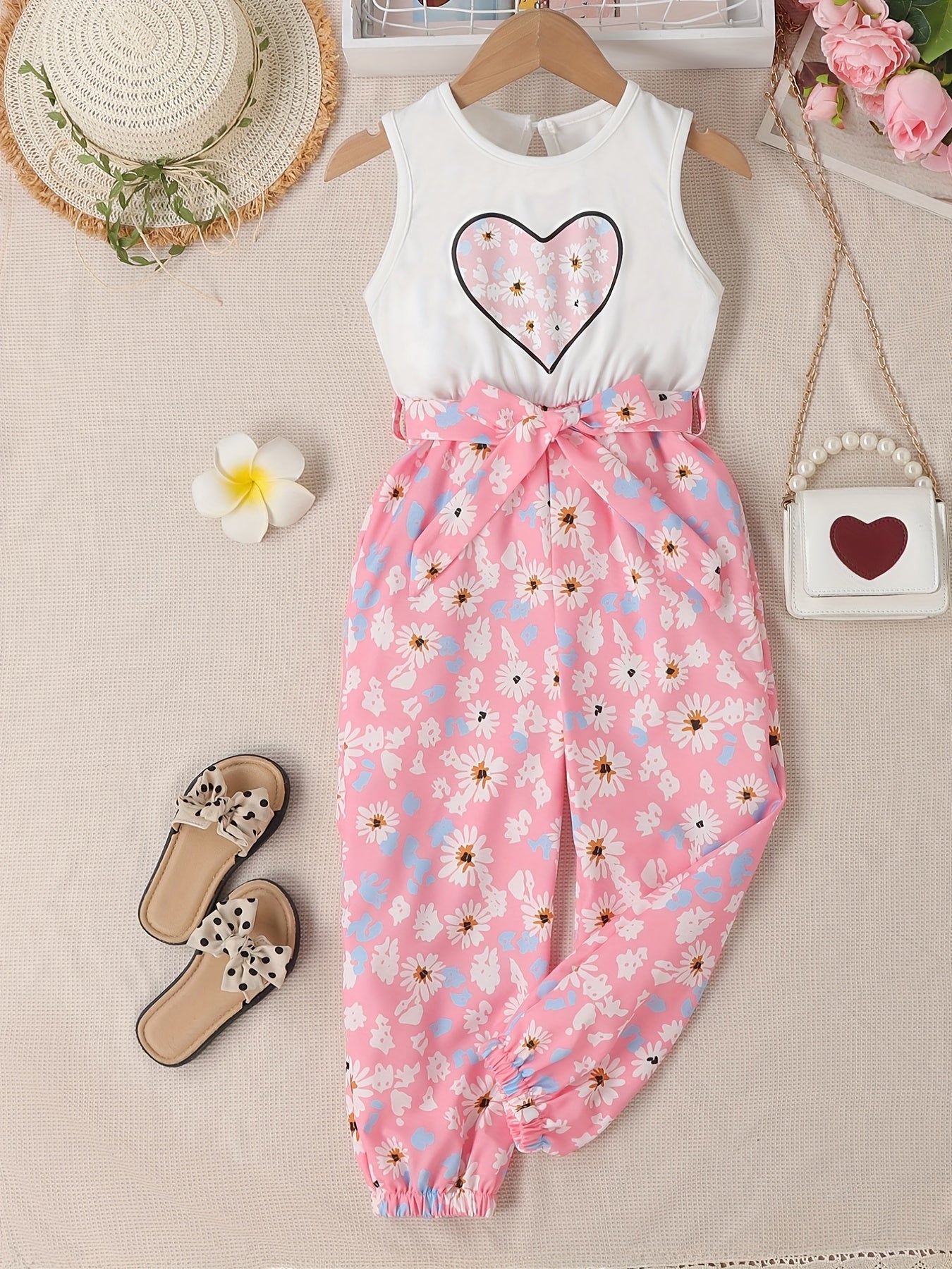 Girls Floral Heart Pattern Belted Jumpsuit Kids Casual Summer Outfit