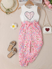Girls Floral Heart Pattern Belted Jumpsuit Kids Casual Summer Outfit