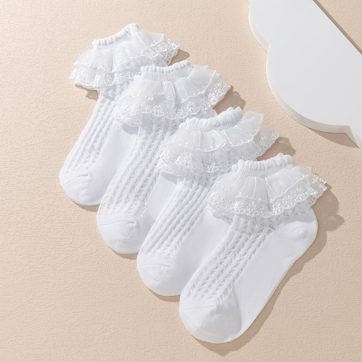 4 Pairs Lace Edge Crew Socks for Toddler Girls, Casual & Dress Socks