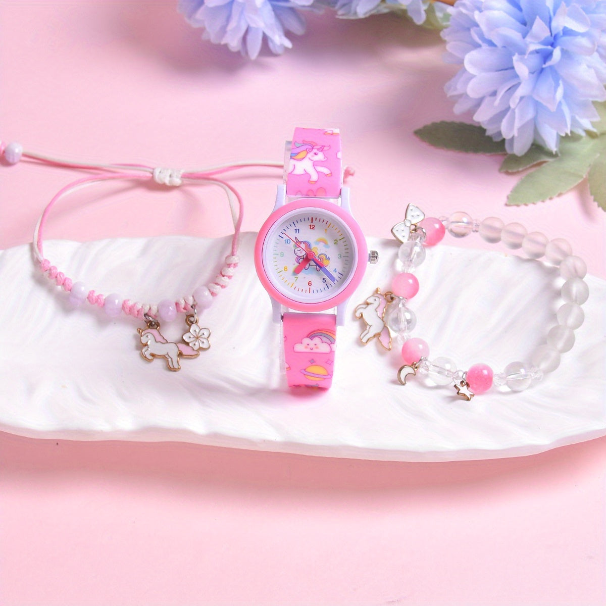 Cartoon Horse Print Wristband Set with Quartz Watch
