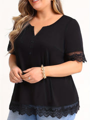 Eyelet Embroidered Plus Size Casual Top with Notched Neck