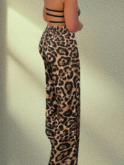 Leopard Print Shirred Tube Jumpsuit Backless Casual Jumpsuit