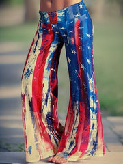 Women's Plus Flag Print Waist Band Low Rise Flare Leg Pants