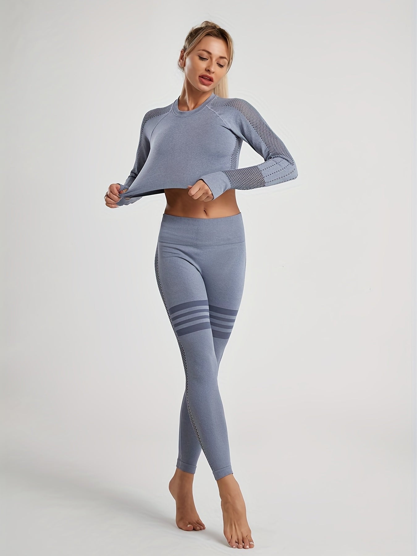 2pcs Yoga Sets High Elastic Hollow Long Sleeve Top & Leggings Women's