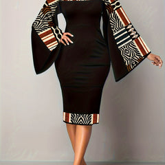 Geometric Print Bell Sleeve Midi Dress