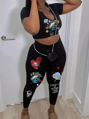 Graphic Print Casual Set Cropped T shirt & High Waist Pants