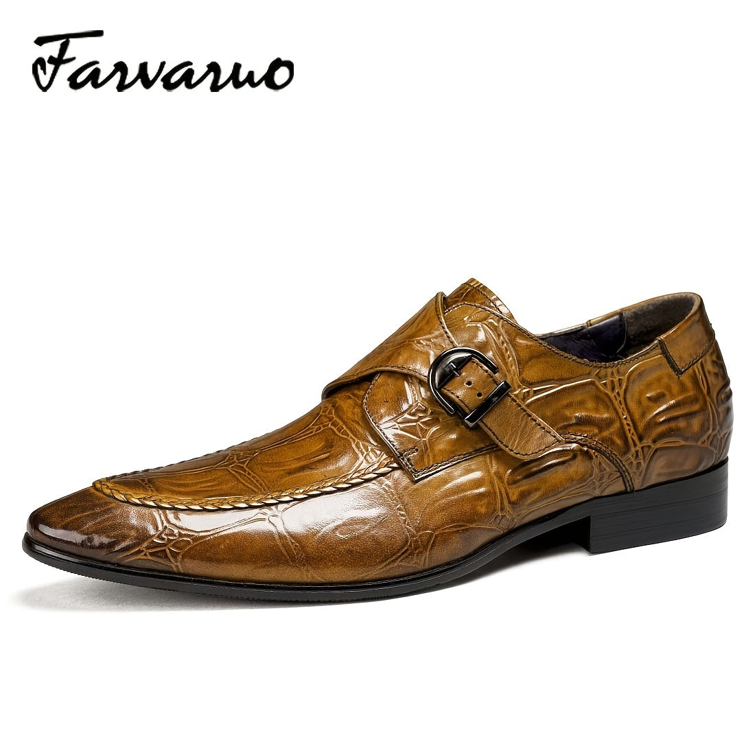 FARWARWO Crocodile Print Monk Strap Dress Shoes Pointed Toe Formal Office
