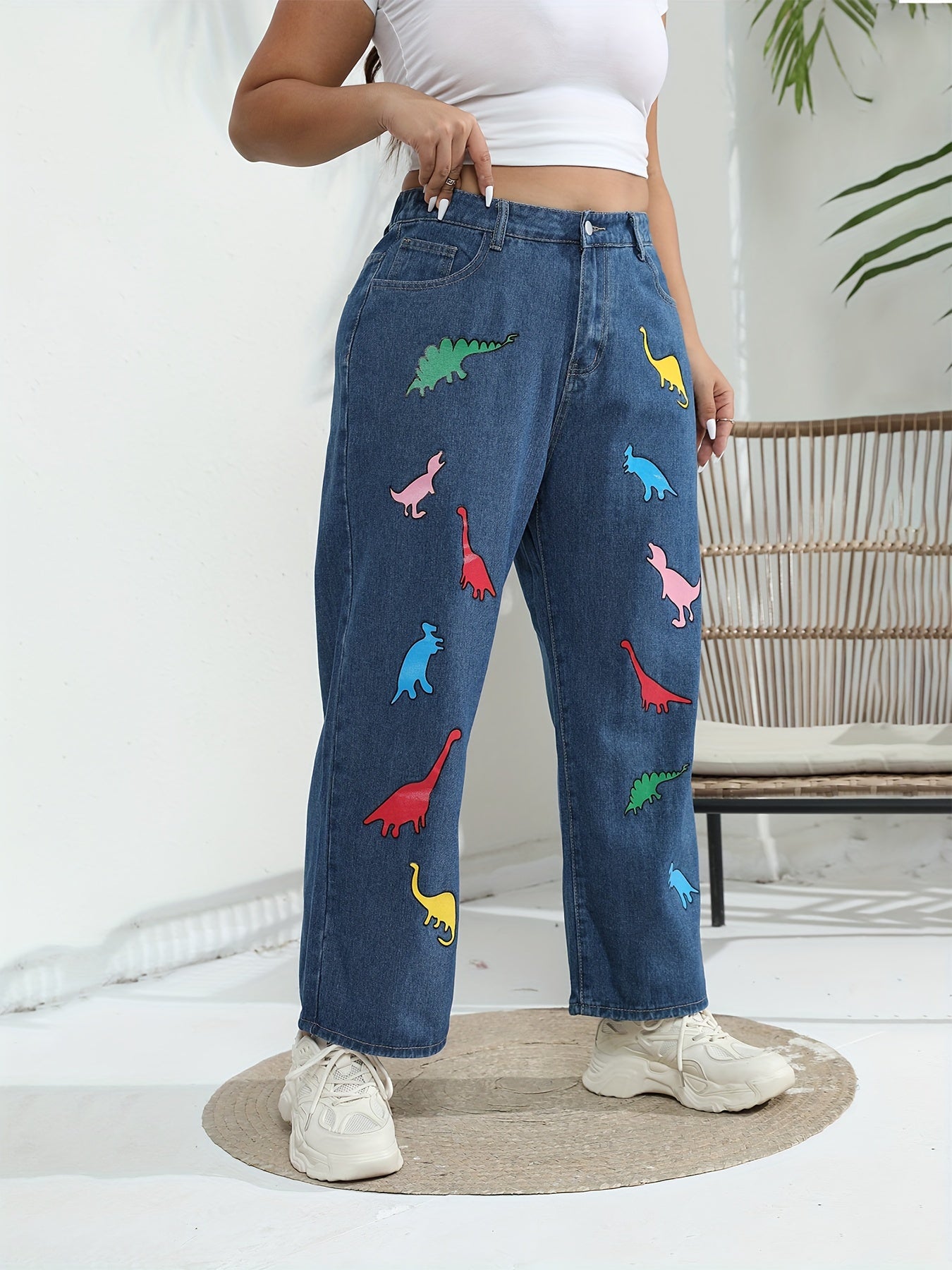 Plus Size Women's Dinosaur Print Wide Leg Jeans
