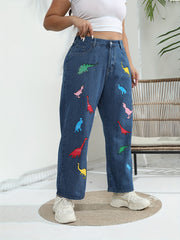 Plus Size Women's Dinosaur Print Wide Leg Jeans