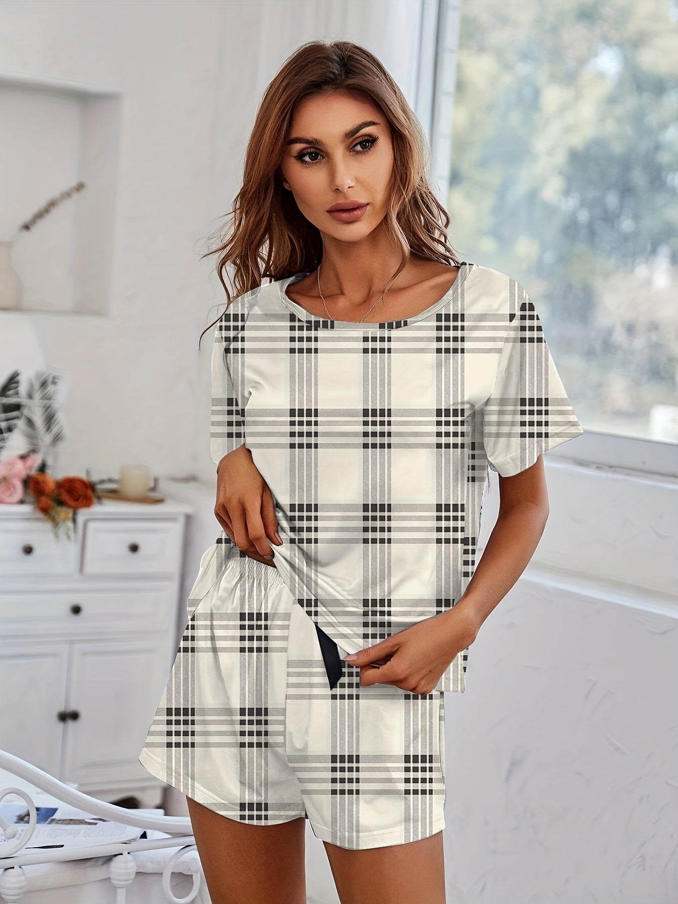 Plaid Pajama Set Crew Neck Top & Shorts Women's Sleepwear