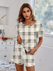 Plaid Pajama Set Crew Neck Top & Shorts Women's Sleepwear