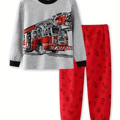 Boys Fire Truck Cartoon Pajamas Set Long Sleeve Sleepwear Pants