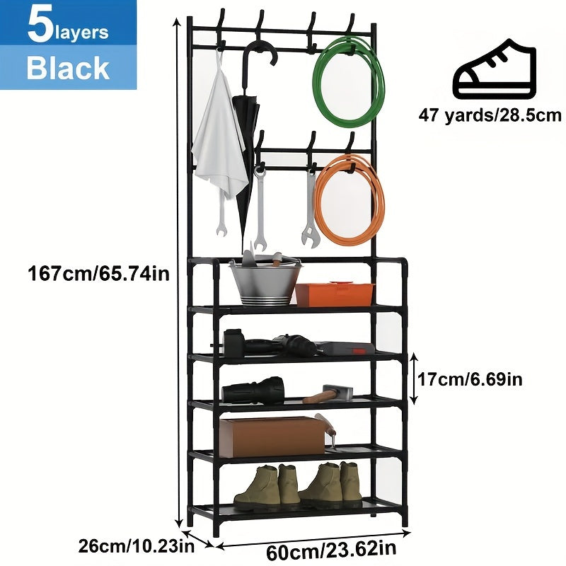 Sturdy Freestanding Metal Coat Rack Shoe Rack w/ Multifunctional Storage Rack