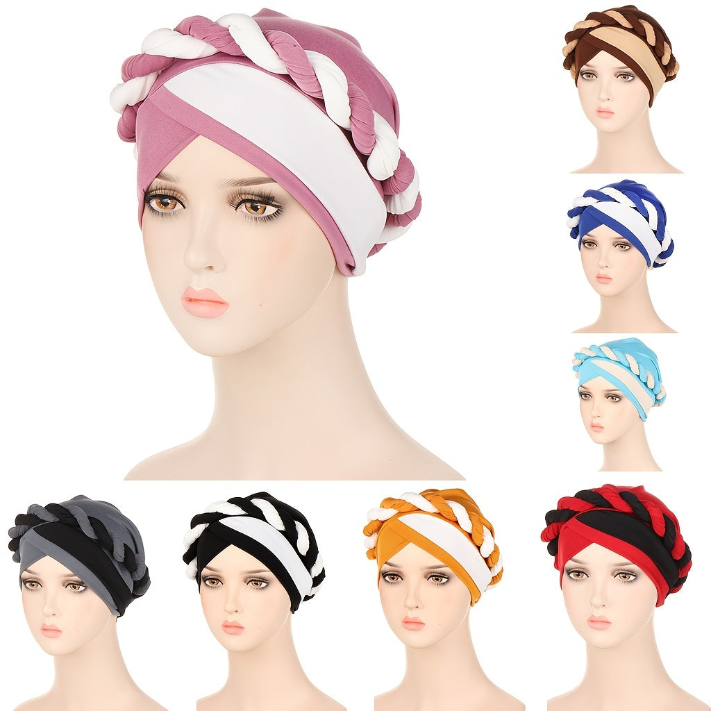 Two Tone Cable Braid Turban Cap Hat Hair Bonnet Head Scarf Wrap Cover