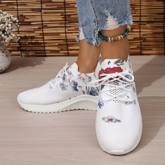 Women's Flower Pattern Platform Sneakers Lace Up Casual Outdoor Shoes