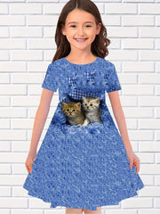 Girls 3D Kitty Print Dress Summer Clothes
