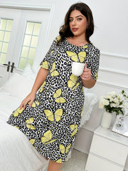 Casual Nightdress Leopard & Butterfly Print High Stretch Sleep Dress