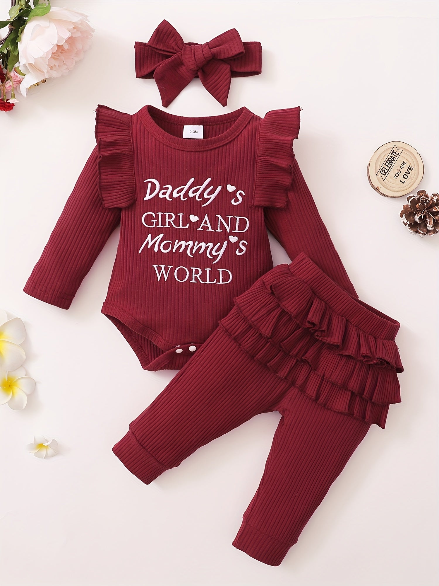 3pcs Baby Girls Letter Print Ruffle Bodysuit Set & Headband